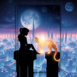 A sci-fi book cover featuring the silhouette of a girl sitting in a high tower, gazing out over a sprawling futuristic city below