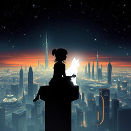 A sci-fi book cover featuring the silhouette of a girl sitting in a high tower, gazing out over a sprawling futuristic city below