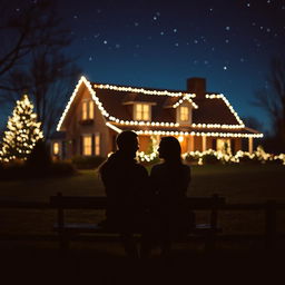 A beautiful silhouette of a couple sitting on a bench in the foreground, with a charming farmhouse illuminated with Christmas lights in the background