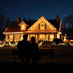 A beautiful silhouette of a couple sitting on a bench in the foreground, with a charming farmhouse illuminated with Christmas lights in the background