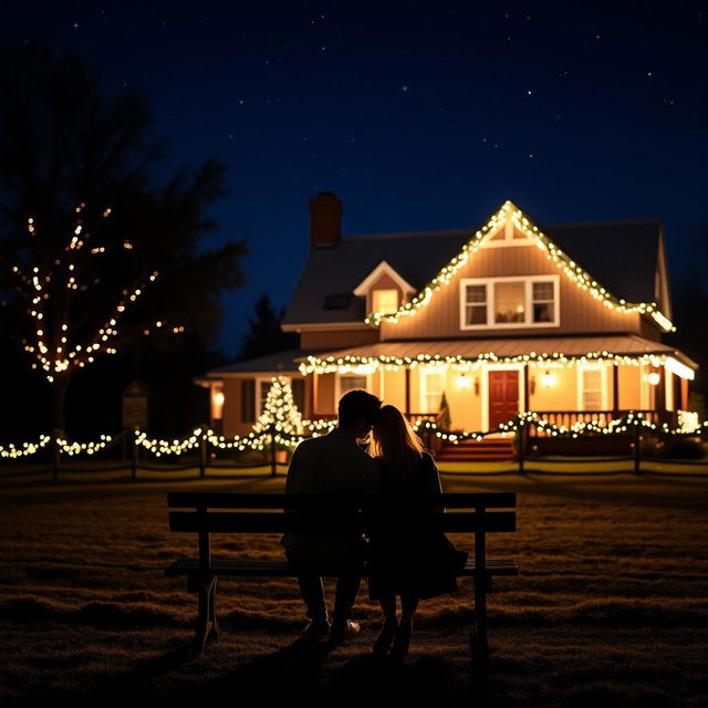 A beautiful silhouette of a couple sitting on a bench in the foreground, with a charming farmhouse illuminated with Christmas lights in the background