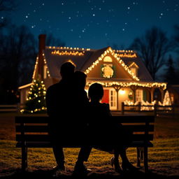 A beautiful silhouette of a couple sitting on a bench in the foreground, with a charming farmhouse illuminated with Christmas lights in the background