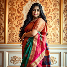 An Indian curvy woman dressed in a beautifully draped saree, showcasing vibrant colors and intricate patterns