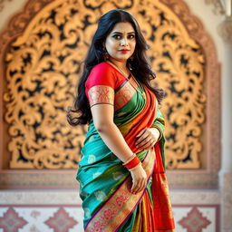 An Indian curvy woman dressed in a beautifully draped saree, showcasing vibrant colors and intricate patterns