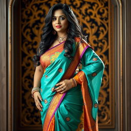 An Indian curvy woman dressed in a beautifully draped saree, showcasing vibrant colors and intricate patterns