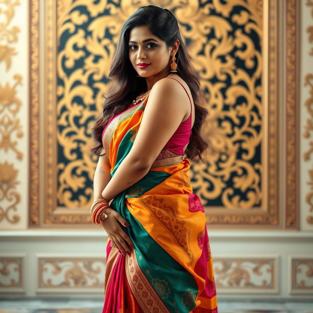 An Indian curvy woman dressed in a beautifully draped saree, showcasing vibrant colors and intricate patterns