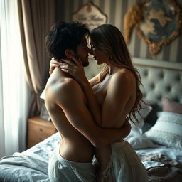 A sensual piece showcasing a passionate embrace between two figures, captured in a moment of intimacy