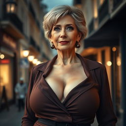 A 60-year-old French woman with an extravagant neckline revealing her oversized breasts, exuding a cheeky and sultry demeanor