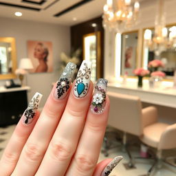 A stunning display of acrylic nail art showcasing a variety of intricate designs