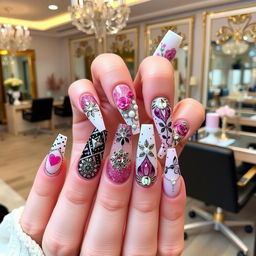 A stunning display of acrylic nail art showcasing a variety of intricate designs
