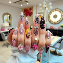A stunning display of acrylic nail art showcasing a variety of intricate designs