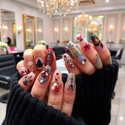 A stunning display of acrylic nail art showcasing a variety of intricate designs