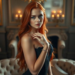 A stunning red-haired woman with bright blue eyes, posing elegantly in a luxurious setting