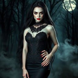 A strikingly beautiful female vampire, with long flowing dark hair and piercing red eyes, dressed in an elegant, form-fitting gothic gown with intricate lace and velvety textures