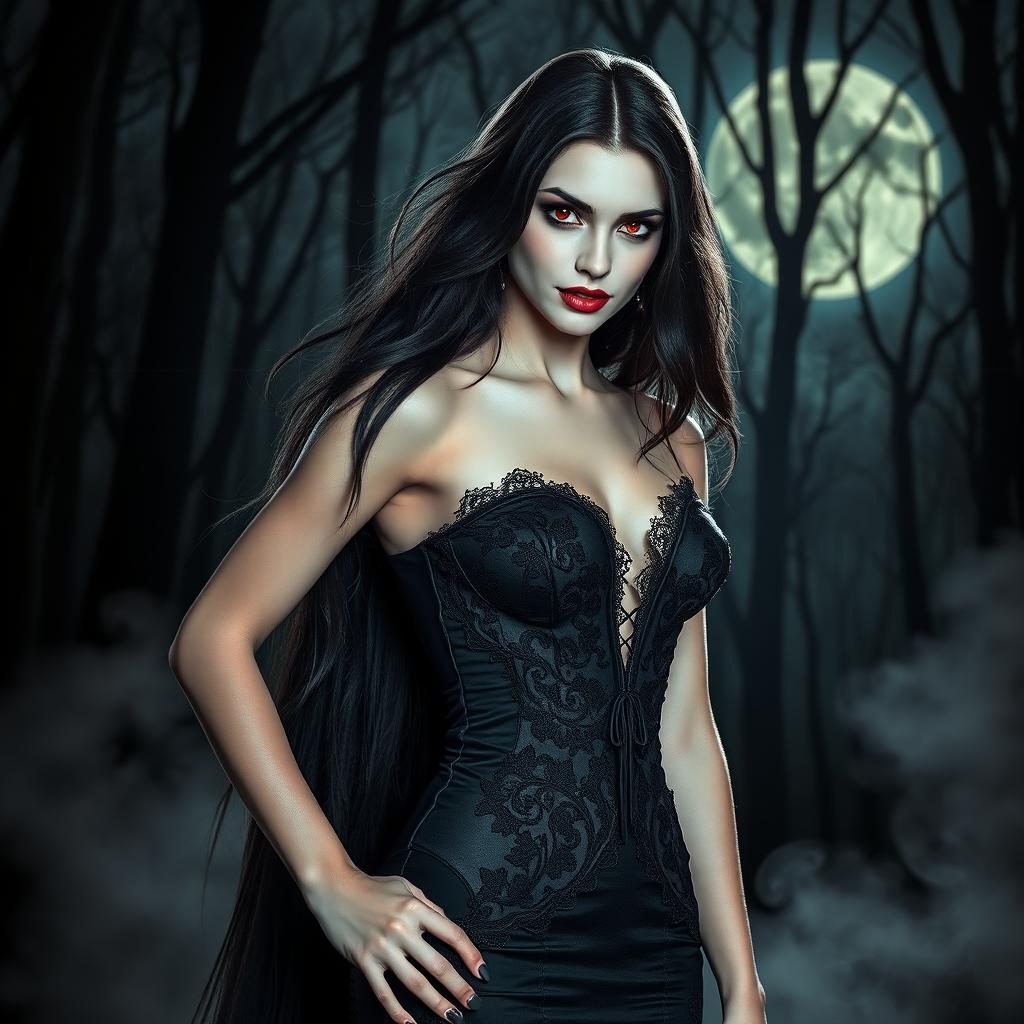 A strikingly beautiful female vampire, with long flowing dark hair and piercing red eyes, dressed in an elegant, form-fitting gothic gown with intricate lace and velvety textures