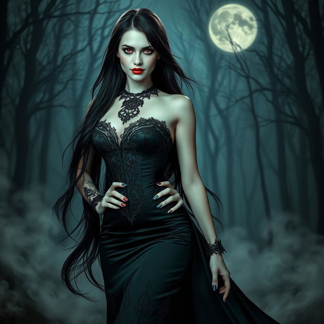 A strikingly beautiful female vampire, with long flowing dark hair and piercing red eyes, dressed in an elegant, form-fitting gothic gown with intricate lace and velvety textures