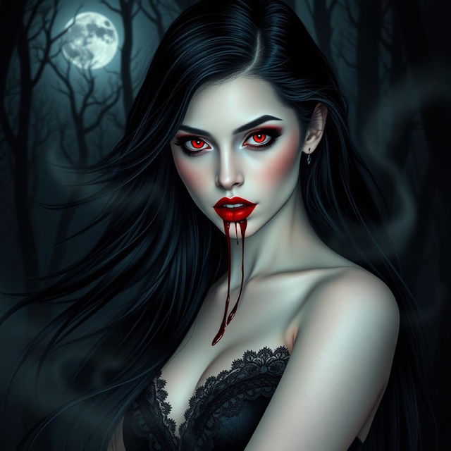 A stunning vampire woman with long flowing black hair and striking red lips, wearing an elegant gothic dress adorned with lace