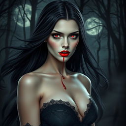 A stunning vampire woman with long flowing black hair and striking red lips, wearing an elegant gothic dress adorned with lace