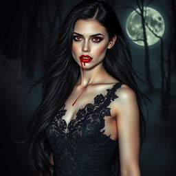 A stunning vampire woman with long flowing black hair and striking red lips, wearing an elegant gothic dress adorned with lace