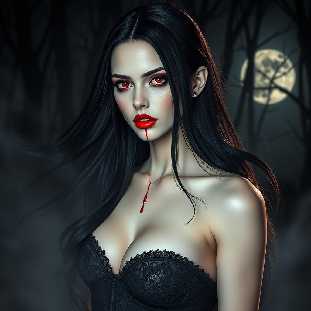 A stunning vampire woman with long flowing black hair and striking red lips, wearing an elegant gothic dress adorned with lace