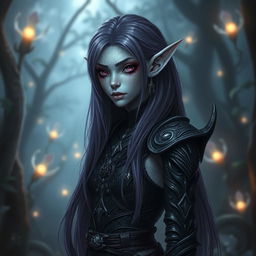 A half-elf drow character with light gray skin and long purple hair, featuring scaly skin elements and one fully black eye