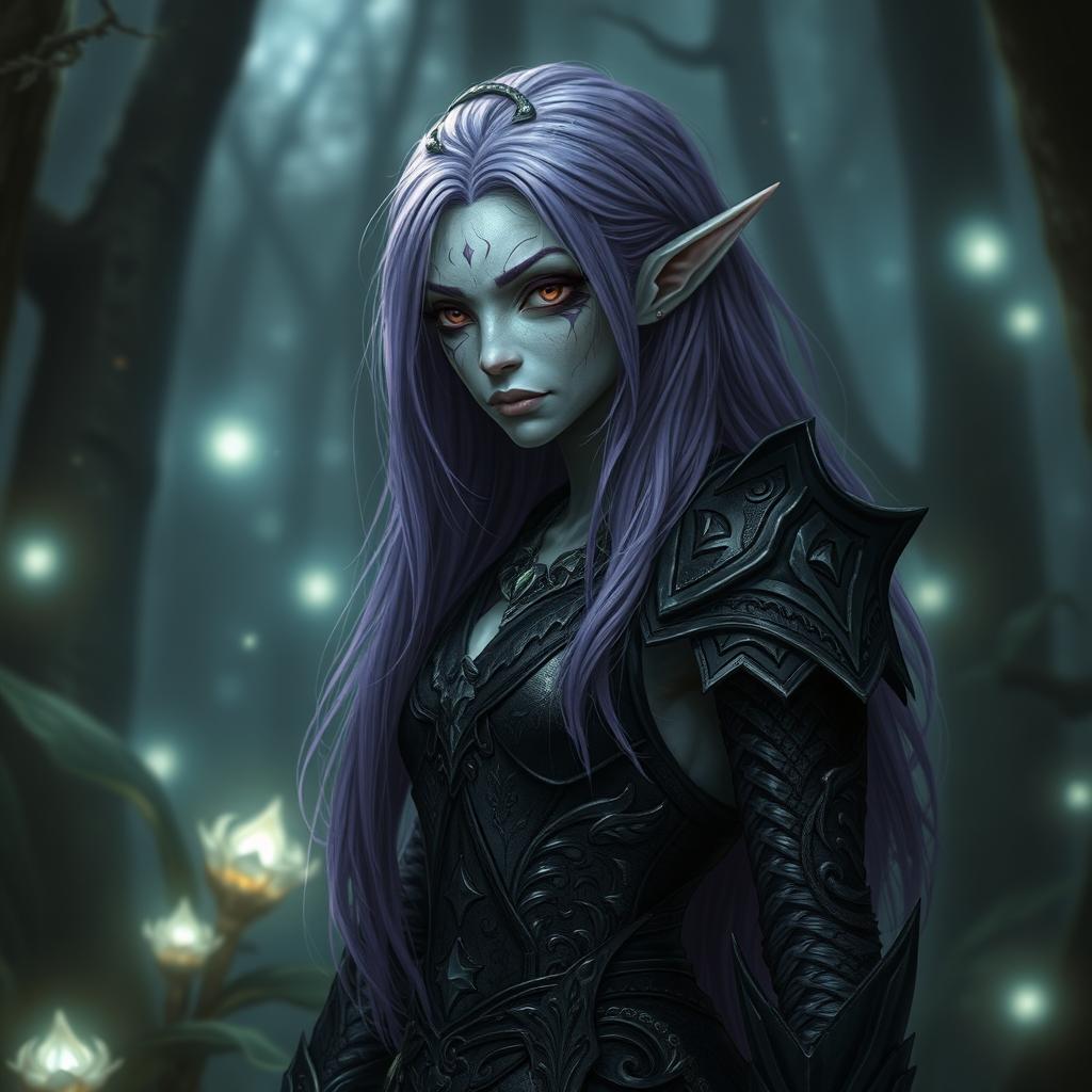 A half-elf drow character with light gray skin and long purple hair, featuring scaly skin elements and one fully black eye