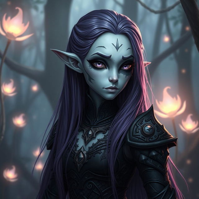 A half-elf drow character with light gray skin and long purple hair, featuring scaly skin elements and one fully black eye