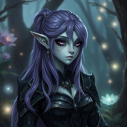 A half-elf drow character with light gray skin and long purple hair, featuring scaly skin elements and one fully black eye