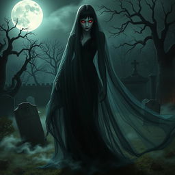 A striking depiction of a vampiric ghostly figure, ethereal and elegant