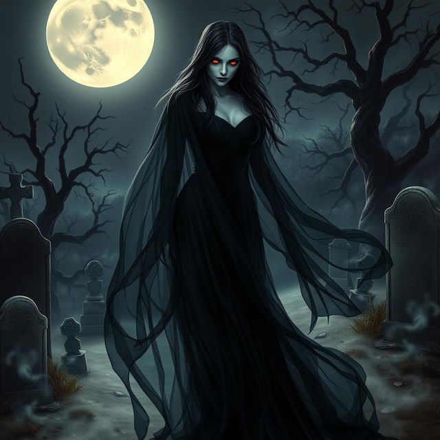 A striking depiction of a vampiric ghostly figure, ethereal and elegant