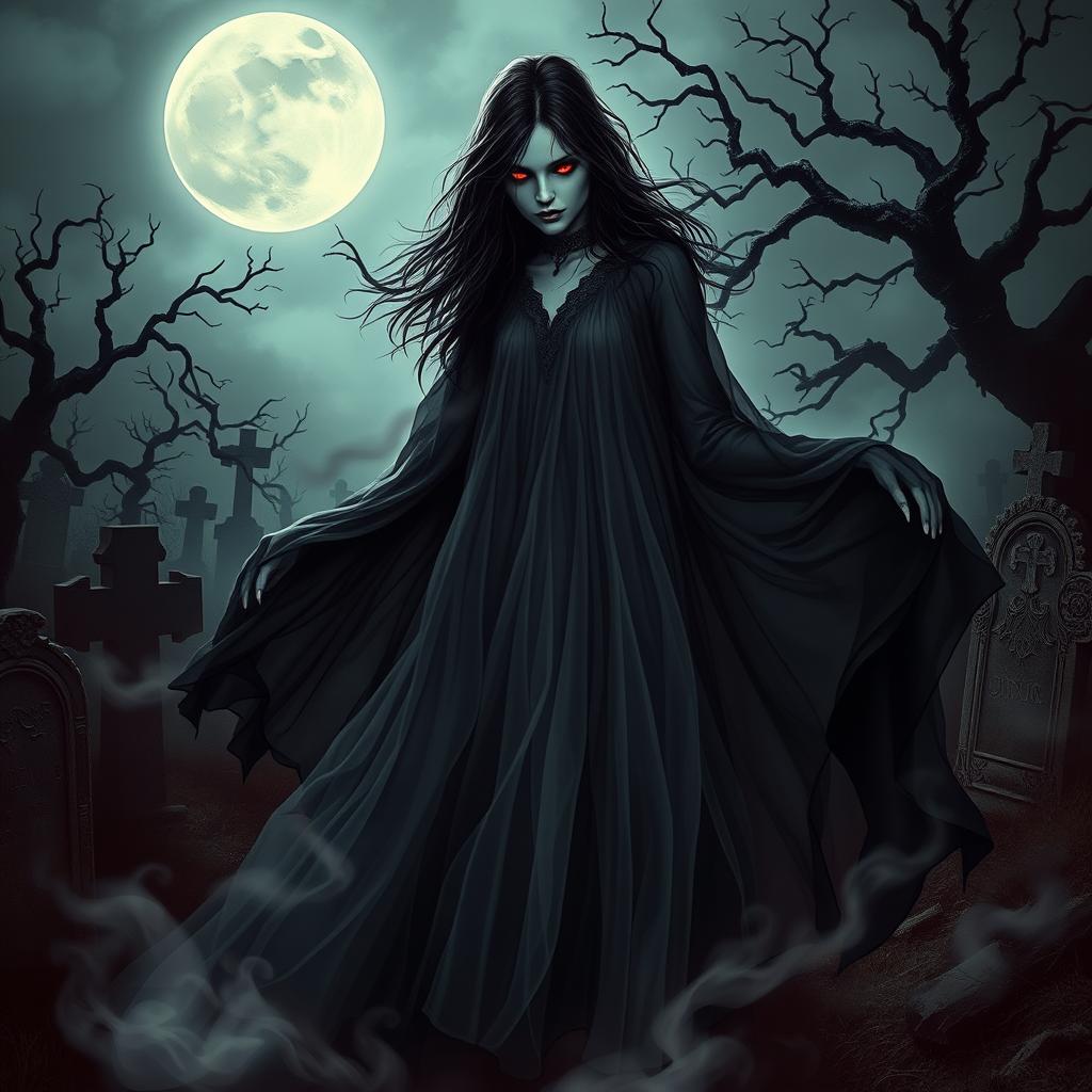 A striking depiction of a vampiric ghostly figure, ethereal and elegant