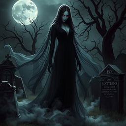 A striking depiction of a vampiric ghostly figure, ethereal and elegant