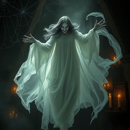 A mystical and ethereal portrayal of a vampiric ghost, floating gracefully in a dimly lit, haunted castle