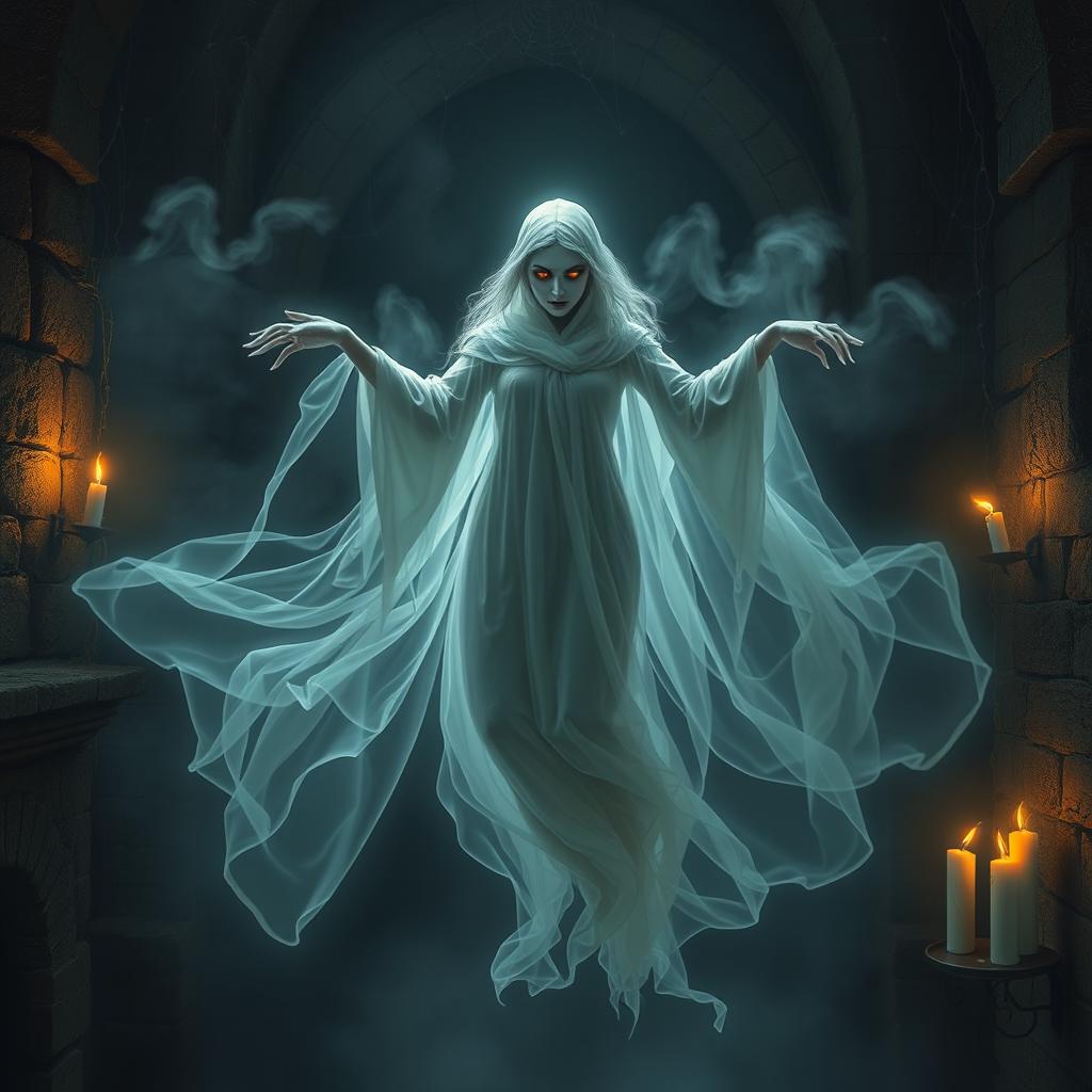 A mystical and ethereal portrayal of a vampiric ghost, floating gracefully in a dimly lit, haunted castle