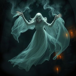 A mystical and ethereal portrayal of a vampiric ghost, floating gracefully in a dimly lit, haunted castle