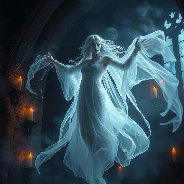 A mystical and ethereal portrayal of a vampiric ghost, floating gracefully in a dimly lit, haunted castle