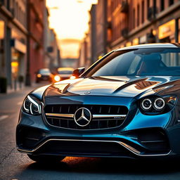 A hyper-realistic fusion of a sleek 2024 Mercedes C63 AMG and a classic 1956 Chevrolet Bel Air, showcasing a stunning design blend that combines modern aerodynamic features with vintage retro elements