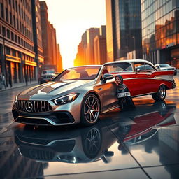 A hyper realistic image featuring a stunning combination of a 2024 Mercedes C63 AMG and a 1956 Chevrolet Bel Air