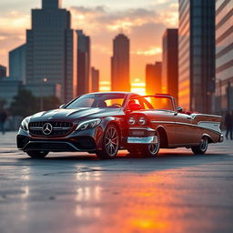 A hyper realistic image featuring a stunning combination of a 2024 Mercedes C63 AMG and a 1956 Chevrolet Bel Air