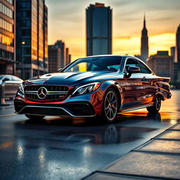 A hyper realistic image featuring a stunning combination of a 2024 Mercedes C63 AMG and a 1956 Chevrolet Bel Air