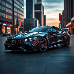 A hyper-realistic rendering of a vehicle that combines the sleek, modern design of a 2024 Mercedes C63 AMG and the iconic, aggressive features of a 1992 Lamborghini Diablo