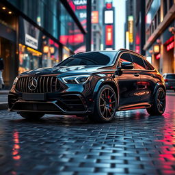 A hyper-realistic rendering of a stunning 2024 Mercedes C63 AMG combined with a 2024 Lamborghini Urus, showcasing the sleek aerodynamic lines of the Mercedes with the aggressive styling and bold presence of the Lamborghini