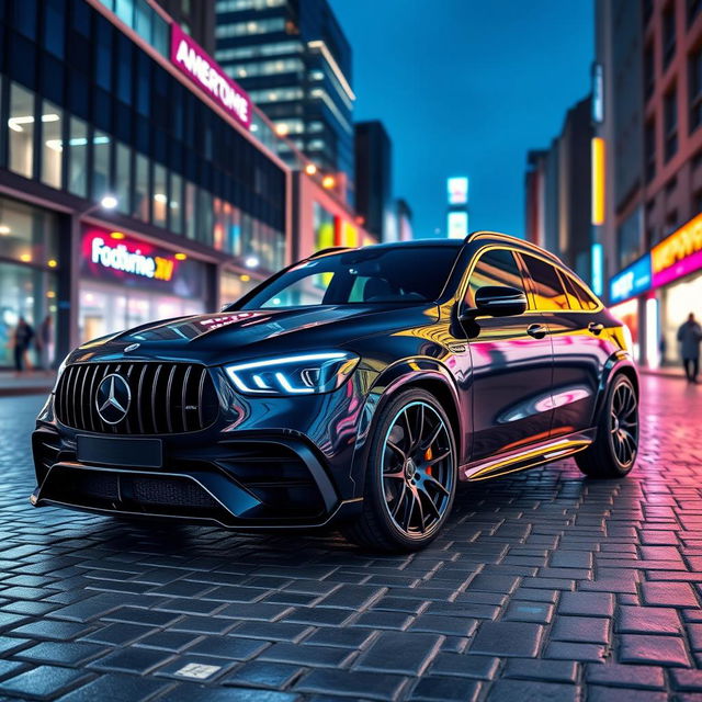 A hyper-realistic rendering of a stunning 2024 Mercedes C63 AMG combined with a 2024 Lamborghini Urus, showcasing the sleek aerodynamic lines of the Mercedes with the aggressive styling and bold presence of the Lamborghini