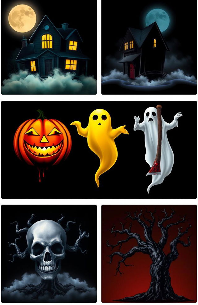 Six iconic horror symbols representing different aspects of the horror genre