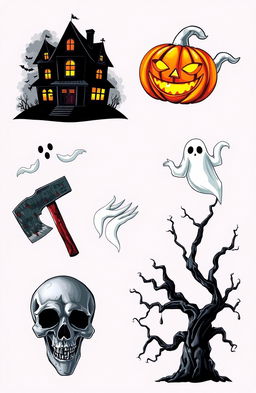 Six iconic horror symbols representing different aspects of the horror genre
