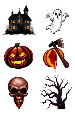 Six iconic horror symbols representing different aspects of the horror genre