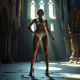 A striking artistic representation of a female figure with long legs, standing confidently in an ancient castle setting