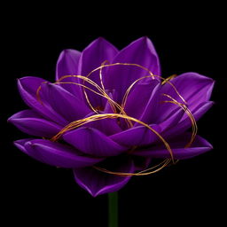 Purple petals against a black background, intricately wrapped with golden threads around each petal, creating a stunning contrast and elegant appearance