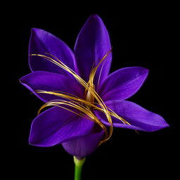Purple petals against a black background, intricately wrapped with golden threads around each petal, creating a stunning contrast and elegant appearance