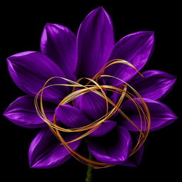 Purple petals against a black background, intricately wrapped with golden threads around each petal, creating a stunning contrast and elegant appearance